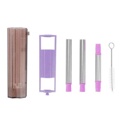 Collapsible Straw Stainless Steel Portable Easy to Clean Foldable Straw with Cleaning Brush for Home Office Outdoor Purple