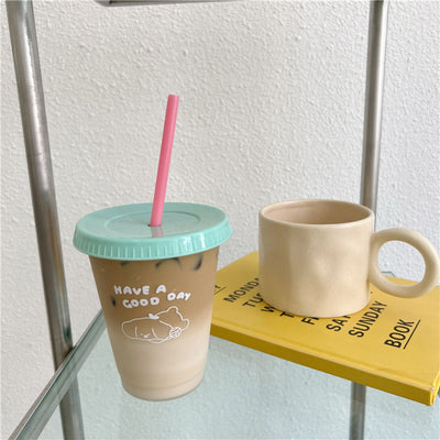 Plastic Coffee Cup Large Capacity Cute Water Cup With Straw Lid for Summer Cold Drinking Dog 470ml