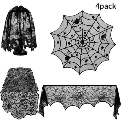 4PCS Halloween Tablecloth Bat Spider Webst Lace Cloth and Lamps Cover Halloween Decoration