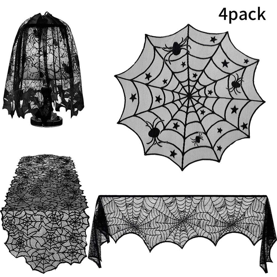 4PCS Halloween Tablecloth Bat Spider Webst Lace Cloth and Lamps Cover Halloween Decoration