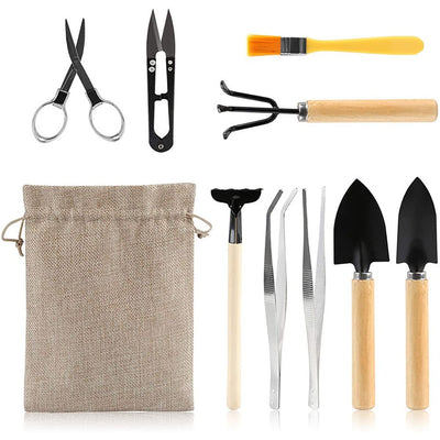 10 Pcs Gardening Bonsai Tools Set Succulent Garden Hand Tool Kit Plant Tool with Shovels Rakes Fork Scissor Cleaning Brush