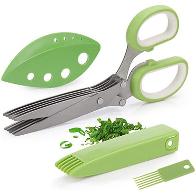 Herb Scissors with 5 Blades Kitchen Gadgets Cutter Chopper and Mincer Multipurpose Kitchen Scissors with Cover Brush Leaf Peeler