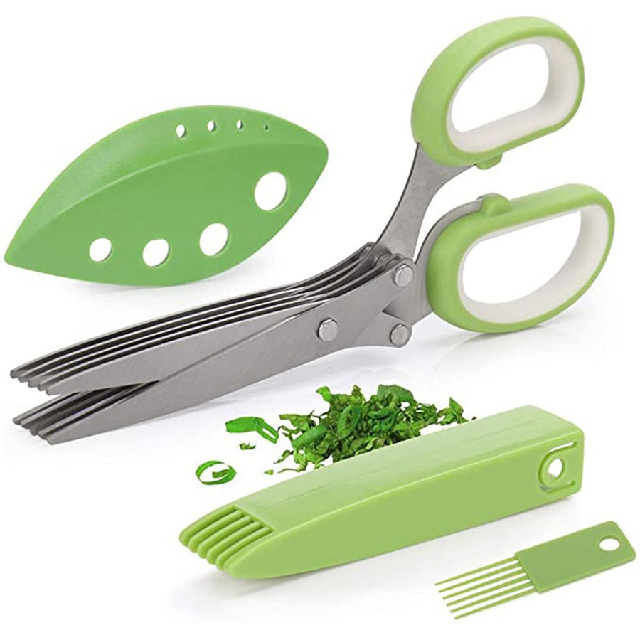 Herb Scissors with 5 Blades Kitchen Gadgets Cutter Chopper and Mincer Multipurpose Kitchen Scissors with Cover Brush Leaf Peeler