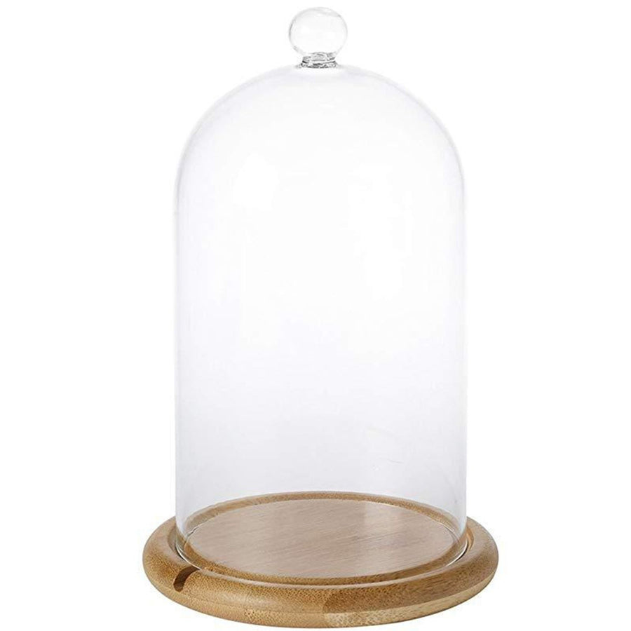 Clear Glass Jar Dome Cover Decorative Clear Glass Dome Cloche Bell Cover Fresh Flower Glass Cover for Wedding Party Valentine and Bamboo Wood Flat Bottom