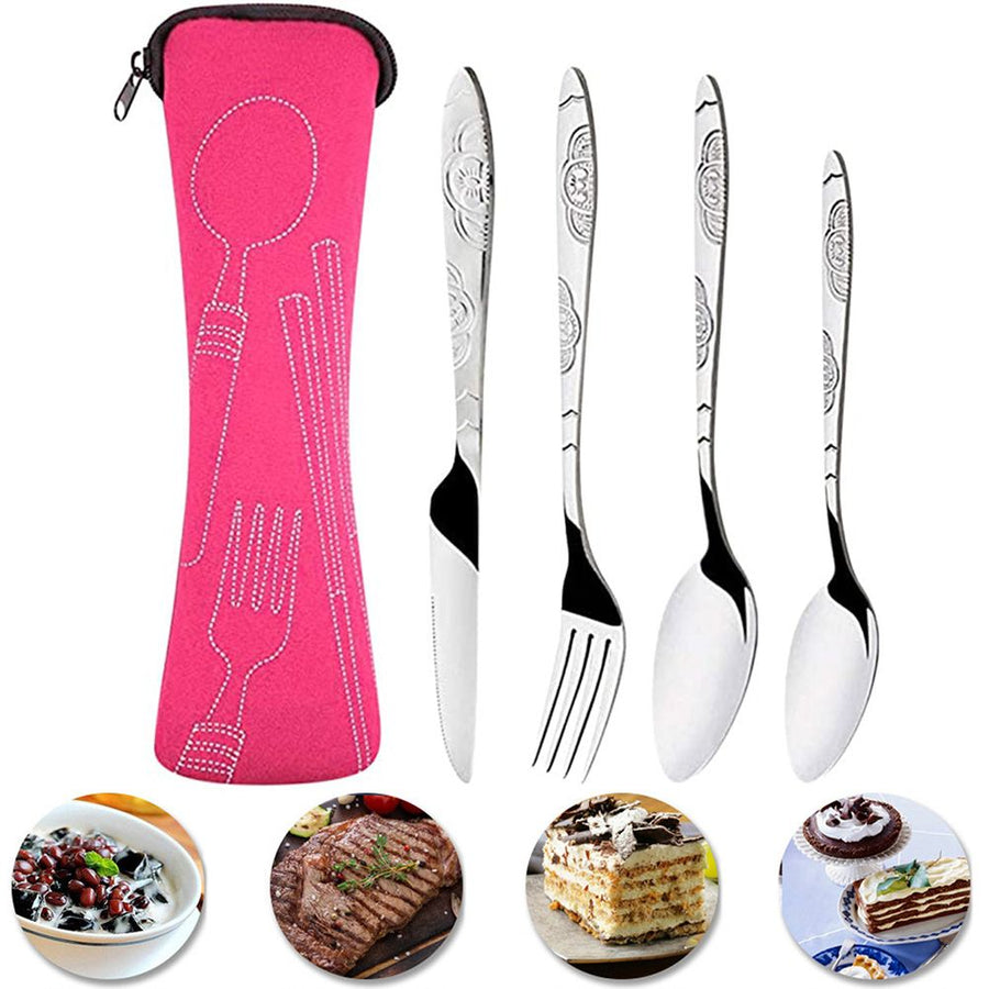 4PCS Cutlery Set Stainless Steel Cutlery for Cutter Fork Spoon Surface Carved Portable Lightweight Durable Tableware Set