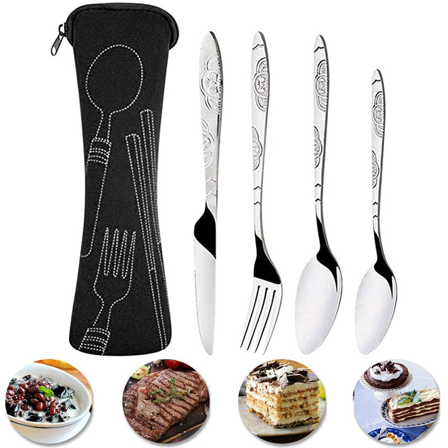 4PCS Cutlery Set Stainless Steel Cutlery for Cutter Fork Spoon Surface Carved Portable Lightweight Durable Tableware Set