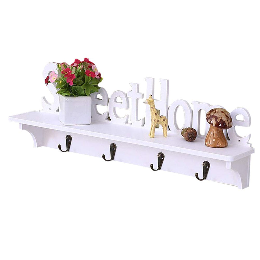 Sweet Home Wooden Wall Mounted Coat Hook Wall Hook with Shelf Keyboard and Four Hooks Home Decor