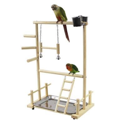 Double Layer Wooden Bird Stand Including Ladder Swing Bell Bird Athletic Toy Stand