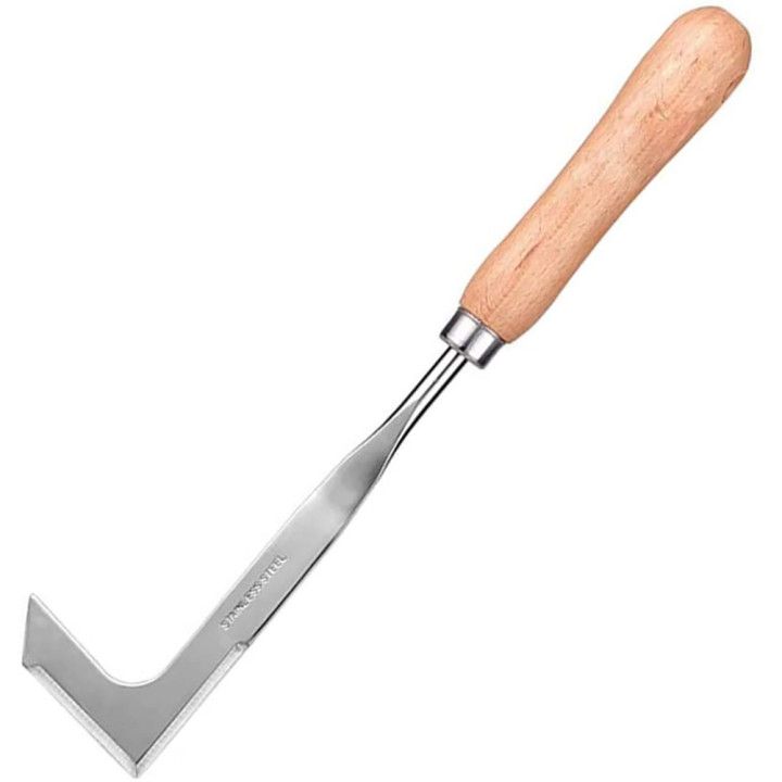 Stainless Steel Crack Weeder with Wood Handle Weeding Sickler Weed Puller Weeder Tool Machete Hook Knife Yard Lawn Tool