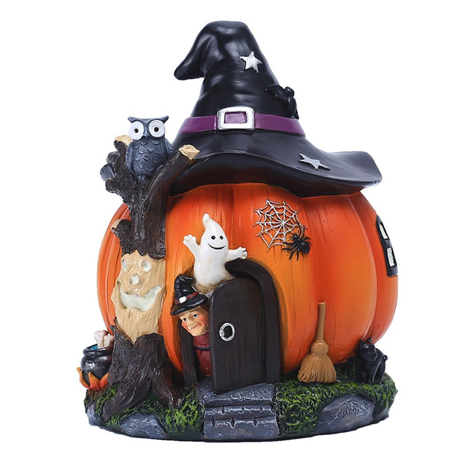 Halloween Witch Pumpkin House Figurine Luminous Resin Pumpkin Statue Crafts Desktop Ornament Halloween Party Decorations Gifts