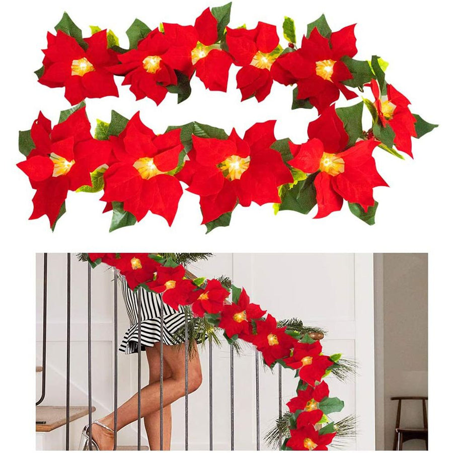 Christmas Poinsettia Garland String Lights 10 LED Artificial Flower Christmas String Lights Christmas Tree Ornaments Indoor Outdoor Party Decor
