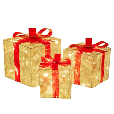 Set of 3 Christmas Lighted Gift Boxes Decorations Transparent Lighted Boxes with Red Bows Christmas Tree Skirt Ornament Xmas Tree Party Holiday Decor