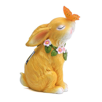 Solar Garden Statues Rabbits with Butterflies Solar Charging Hand Painted Synthetic Resin Solar Statues Lights Yellow