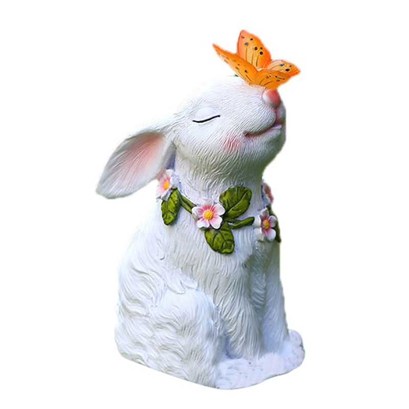 Solar Garden Statues Rabbits with Butterflies Solar Charging Hand Painted Synthetic Resin Solar Statues Lights White
