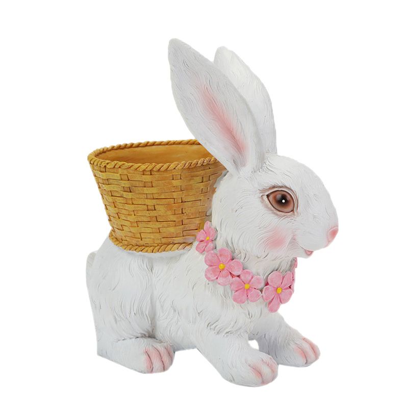 Rabbit Flowerpot Resin Process Rabbit Ornament with Back Basket Outdoor Decoration for Courtyard Garden White