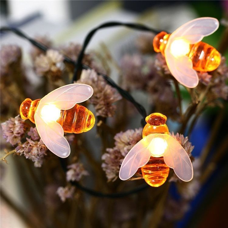 Solar Bee String Lights Outdoor Led Honeybee Fairy Lights Waterproof Solar Bumble Bee Lights for Garden Christmas Decor Warm White 5 Meters 20 Lights(Dual Function)