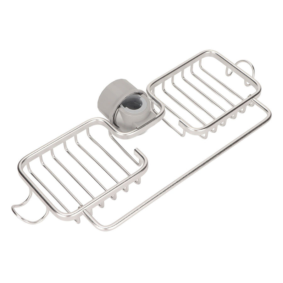 Faucet Storage Shelf Aluminum Plastic Two Containers with Towel Rod for Sponge Rag Kitchen Bathroom Silver
