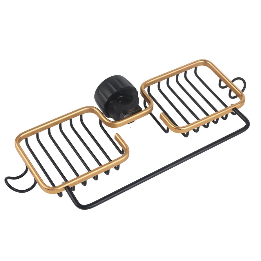 Faucet Storage Shelf Aluminum Plastic Two Containers with Towel Rod for Sponge Rag Kitchen Bathroom Black Gold