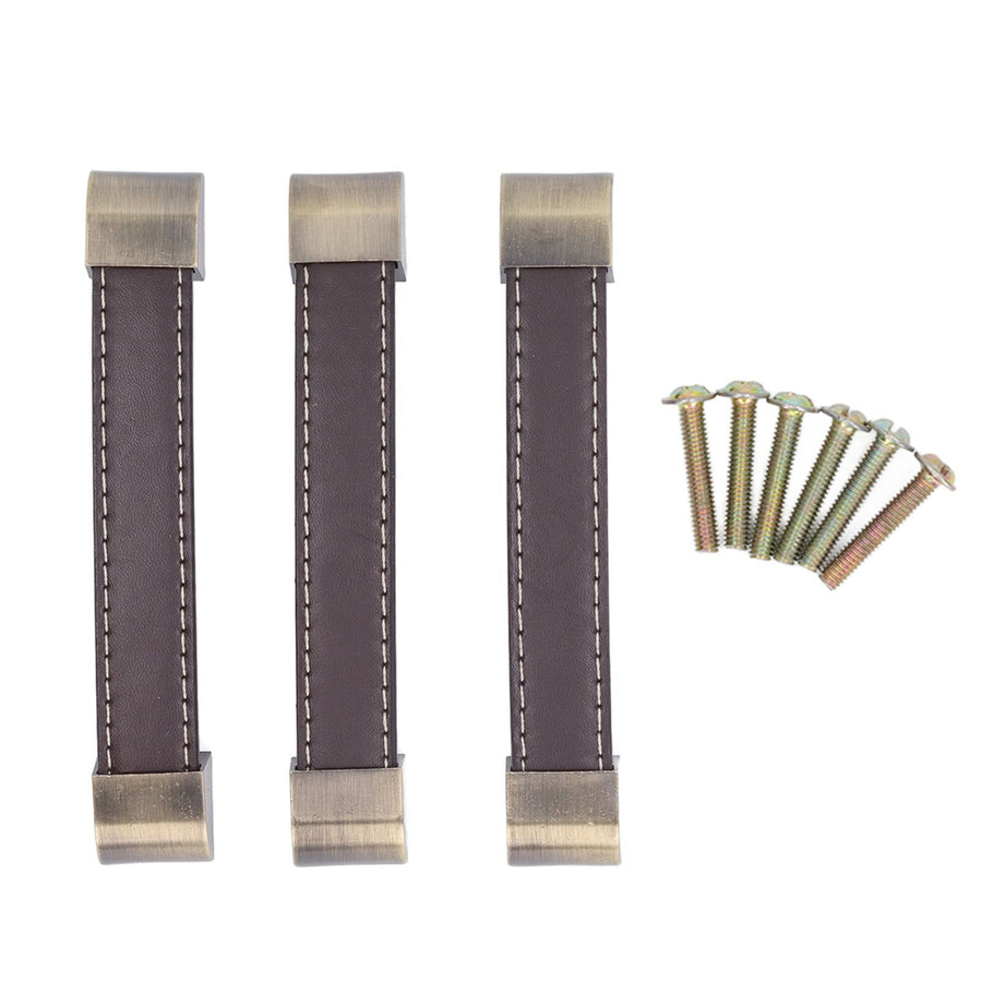 3Pcs Wardrobe Door Leather Handle Antique Drawer Pull Handle Luggage Wine Box Handle Brown