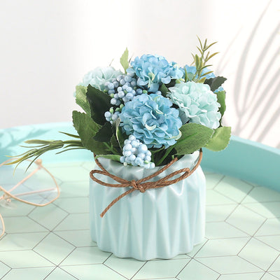 Artificial Fake Potted Flowers Bouquet Hydrangea with Vase for Dining Table Decoration Blue