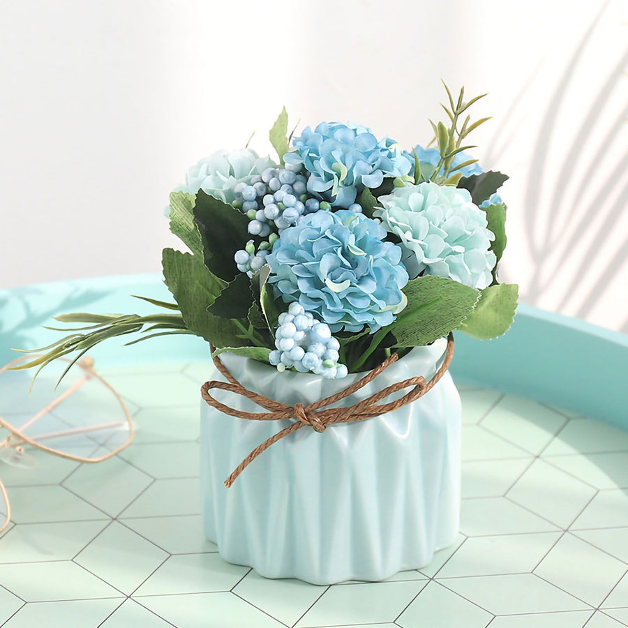 Artificial Fake Potted Flowers Bouquet Hydrangea with Vase for Dining Table Decoration Blue