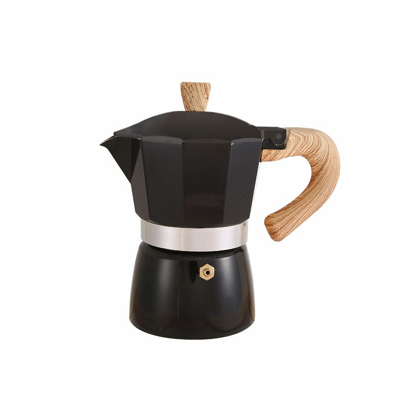 Aluminum Coffee Pot with Wood Grain Handle Moka Coffee Pot Outdoor Portable Coffee Maker Tool Matte Black 300ML
