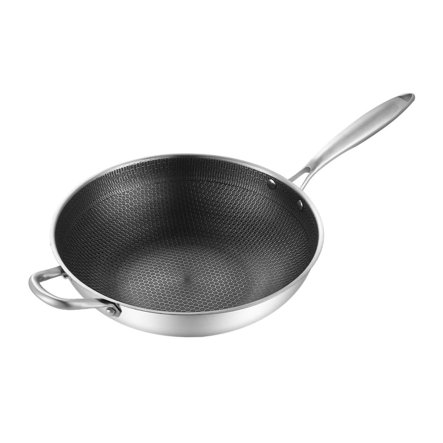 Stainless Steel Wok Pan Double Sided Honeycomb 3 Layer Prevent Sticking Easy Cleaning Wok for Kitchen 32cm/12.6in (No Lid and with Ears)