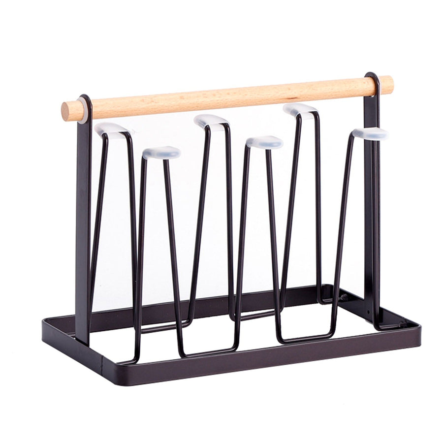 Cup Drying Rack 6 Hooks Wooden Handle Electroplating Iron Art Space Saving 13x23.5x18.5cm Mug Organizers for Home Office Bronze