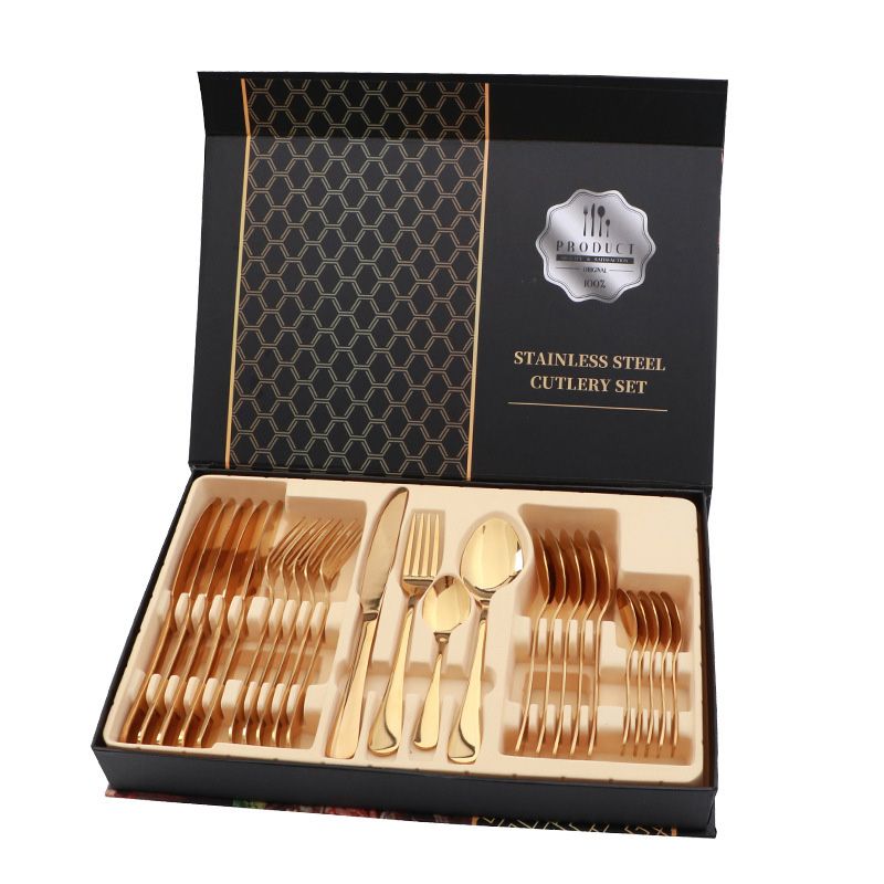 Flatware Set Stainless Steel Glossy 24 Pieces Steak Knife Fork Spoon Set for Restaurant Golden