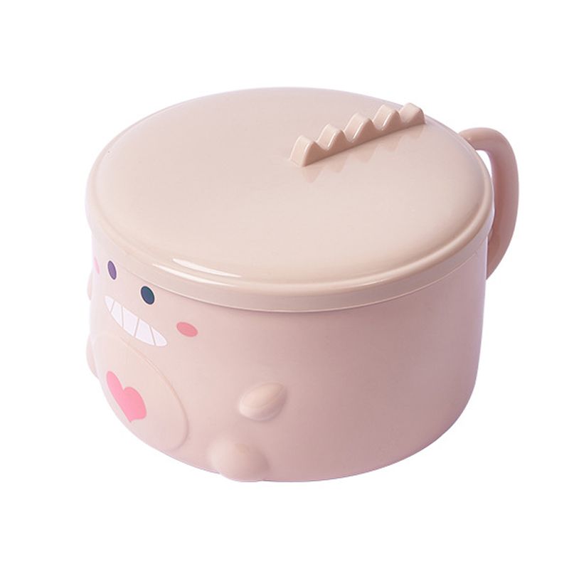 Cartoon Dinosaur Noodle Bowl Stainless Steel Inner Bowl with Handle and Lid for Home School Pink