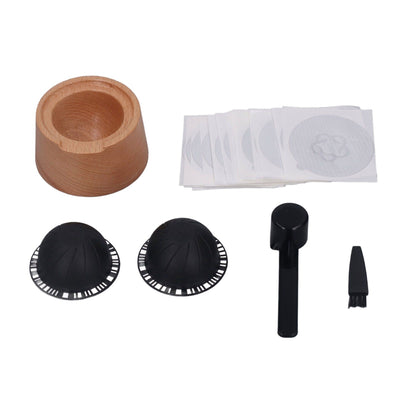 Coffee Capsule Filter Cup Kit Black with Beech Holder Aluminum Foil Spoon Brush 230ml Reusable Coffee Powder Filler