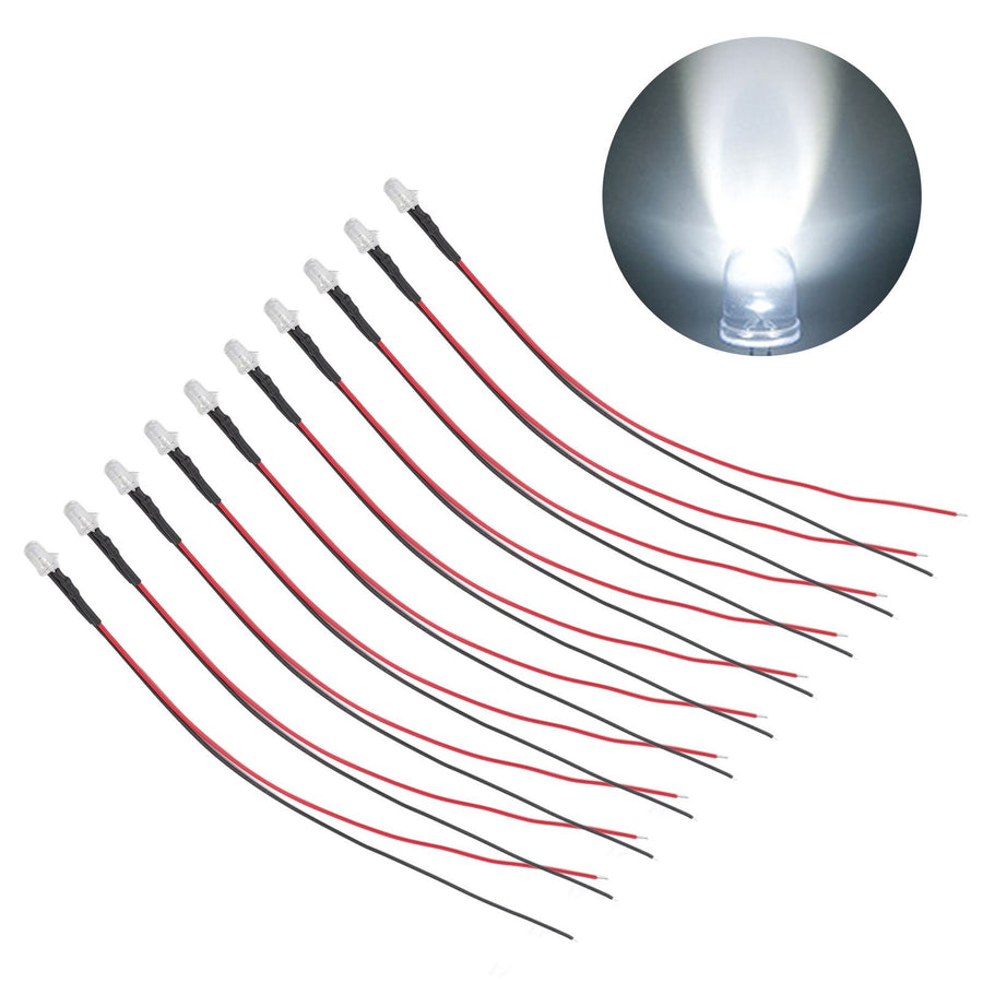 10pcs Lights Emitting Diodes 5mm Prewired Electronic LED Light Diodes for Decoration 5‑12V White Light