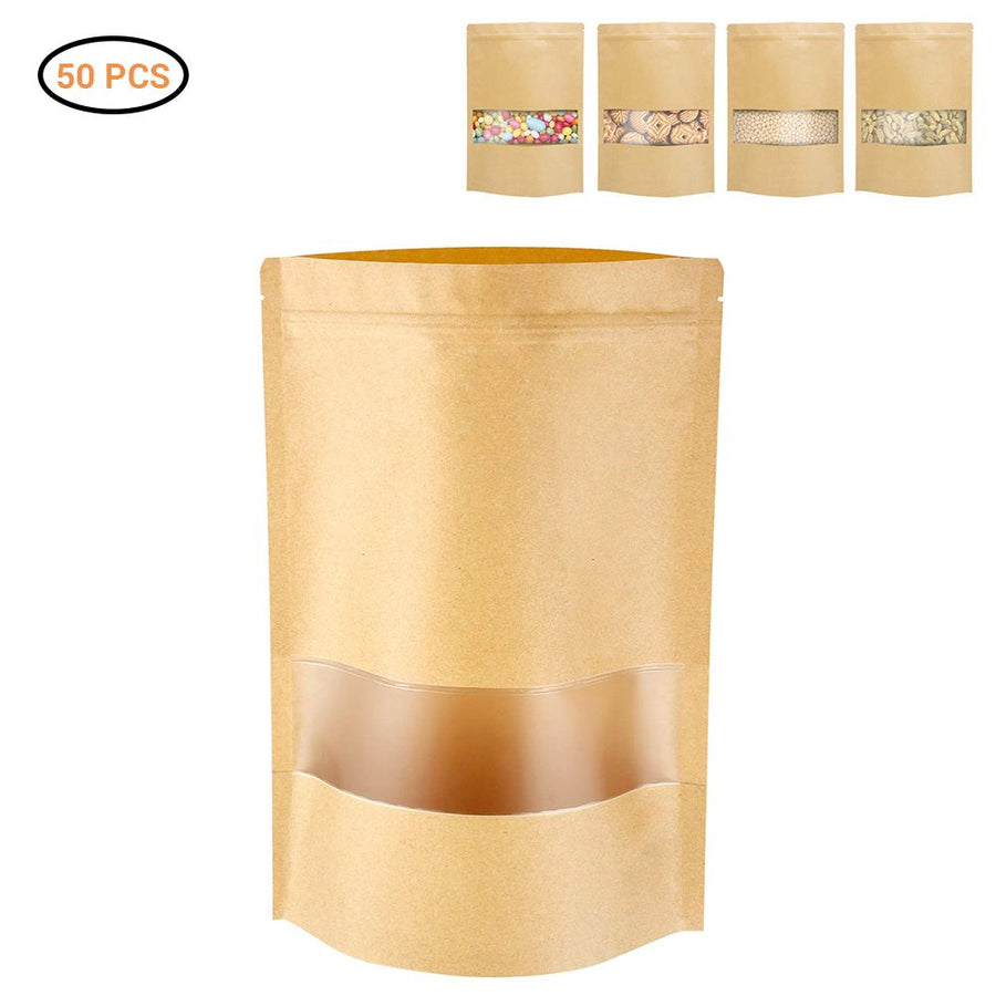 50Pcs Stand Up Pouch Bags Kraft Pouches with Tear Notch and Matte Window Resealable Zip Lock Food Storage Bags