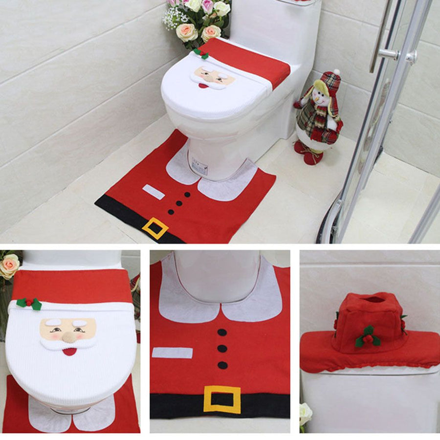 Christmas Pattern Mildew Proof Waterproof Bathroom Toilet Seat Cover Foot Pad and Water Tank Cover Set