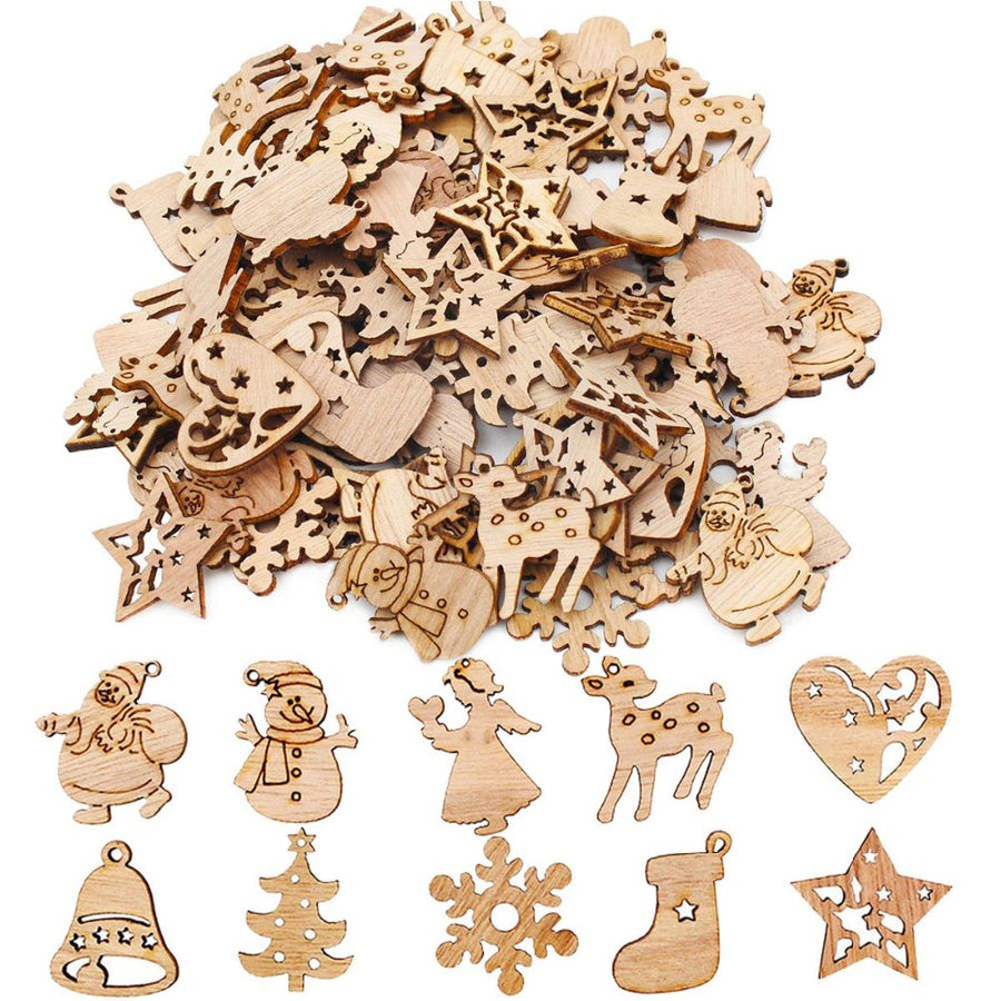100Pcs Mix Wooden Christmas Tree Ornaments Mini Santa Claus Snowman Elk Snowflakes Christmas Tree Hanging Pendants