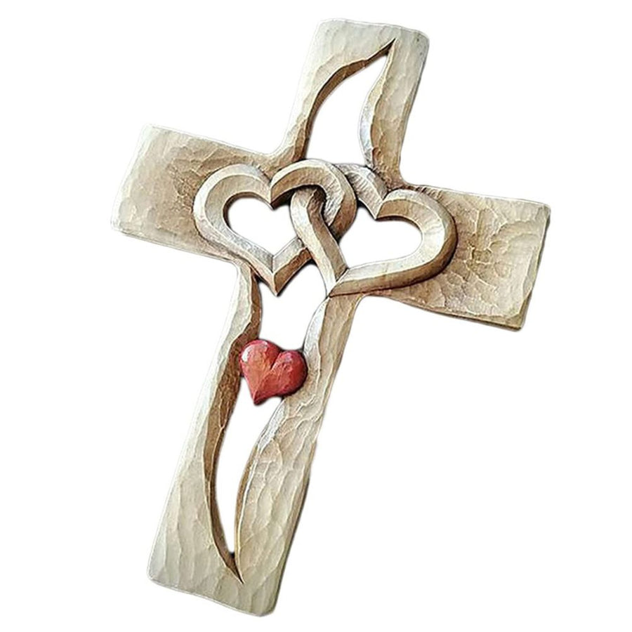 Carved Cross Intertwined Hearts Love Wooden Cross Hand Carved Design for Wall Hanging Home Living Room Decor