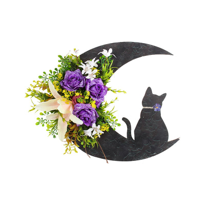 Halloween Moon Cat Wreath Door Hanging Decoration Artificial Flower Halloween Wreath