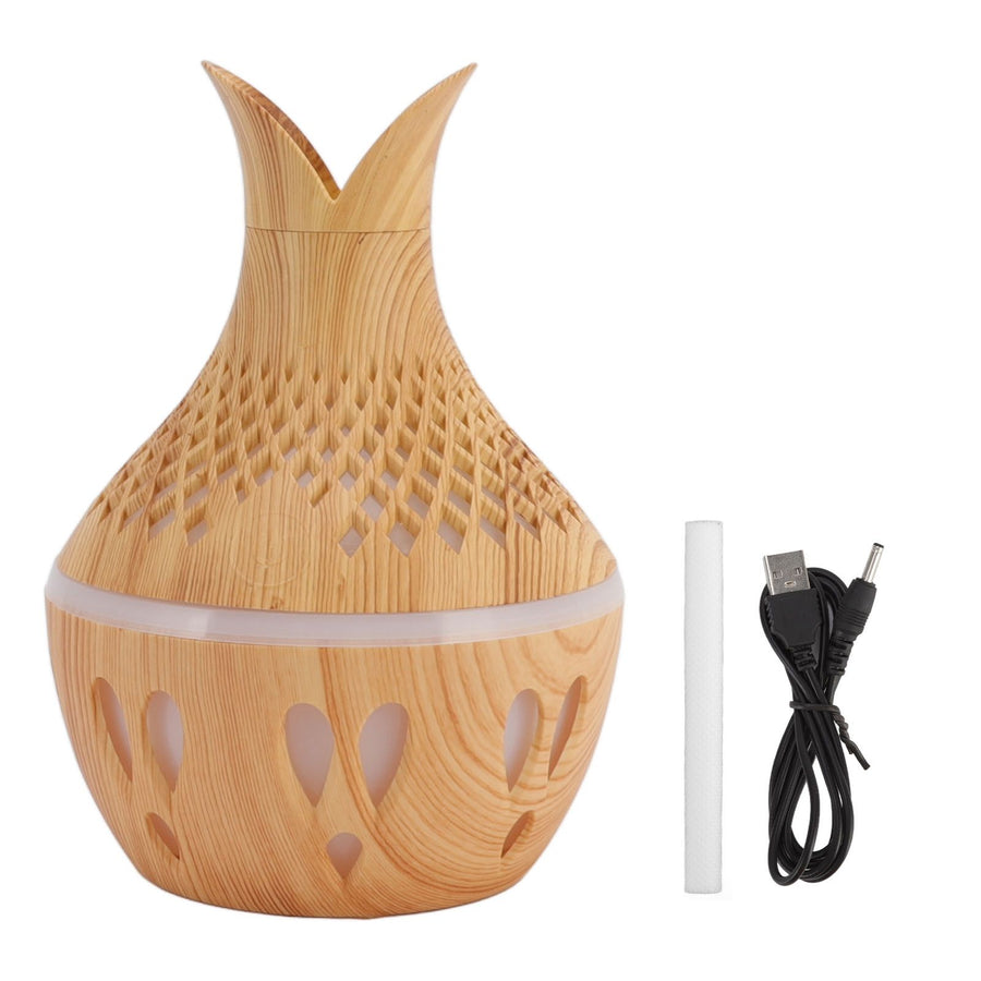 300ml Wood Grain Humidifier USB Powered Aroma Diffuser Humidifier with Ambient Night Light 2 Petal Hollow Shape