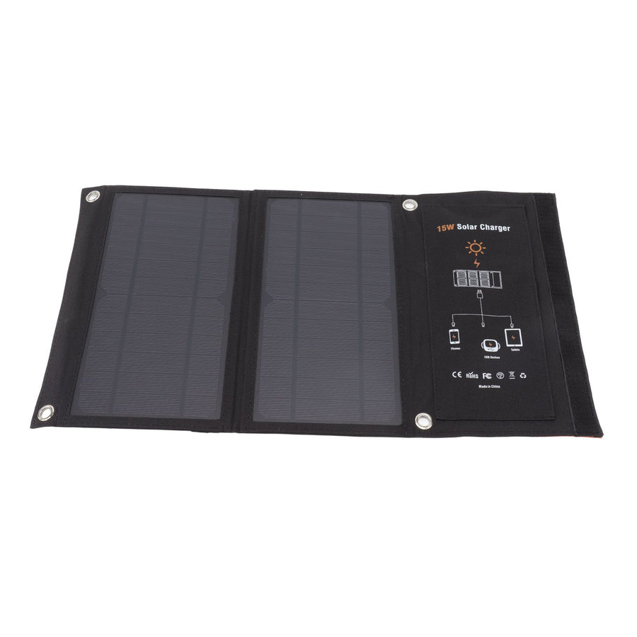 15W Monocrystalline Solar Panel Charger Dual USB Foldable Solar Charging Pack Outdoor Phone Power Bank Black