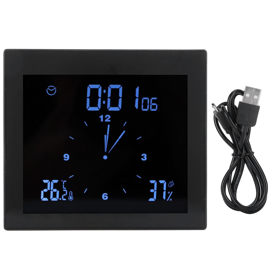 Digital Alarm Temperature Humidity Display Clock Indoor Table Timer Multifunctional for Household Office Decoration(Black TS-WP10-B )