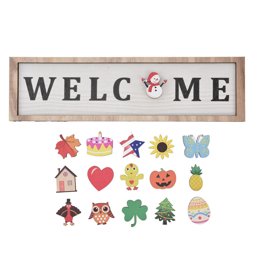 Door Sign Wooden Seasonal Rustic Welcome Door Decoration with 16 Interchangeable Icons for Farmhouse Office Home