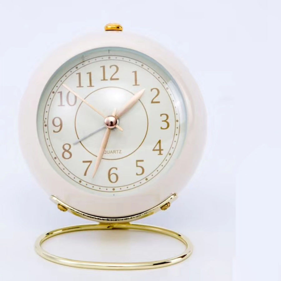 Small Round Clock Circular Base Mute Corrosion Resistance Quartz Bedside Alarm Clock with Night Light for Bedroom School Creamy White, Golden Cover