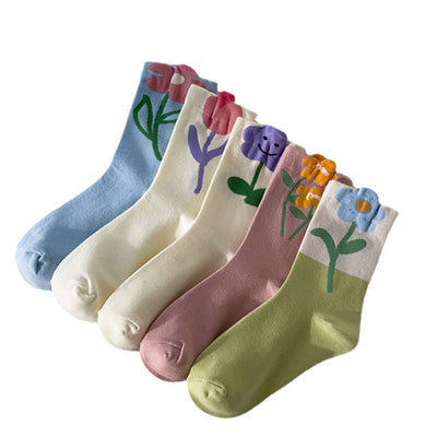Women Mid Tube Socks Tulip Flower Pattern Cotton Socks Ladies Deodorant Sweat Absorption Socks Mixed Color 5 Pairs Free Size