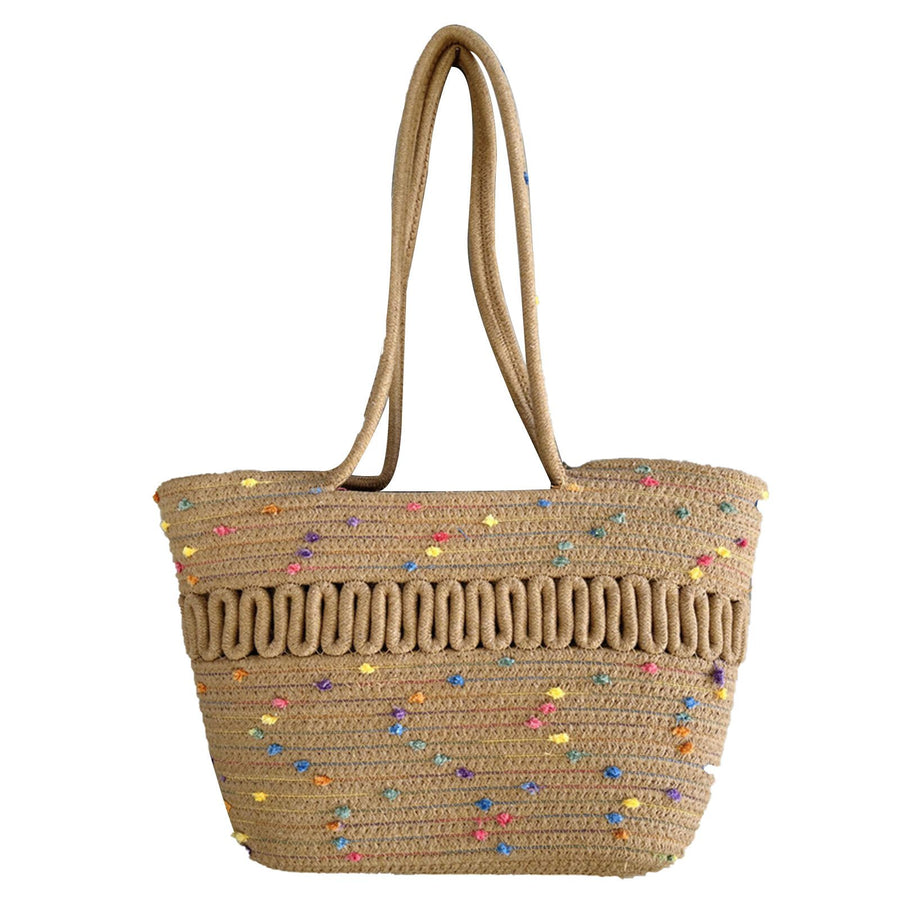Straw Bag Woven Papyrus Large Capacity Simple Hollow Design Woven Basket Bag for Travel Holiday Colorful Dots in Light Tan