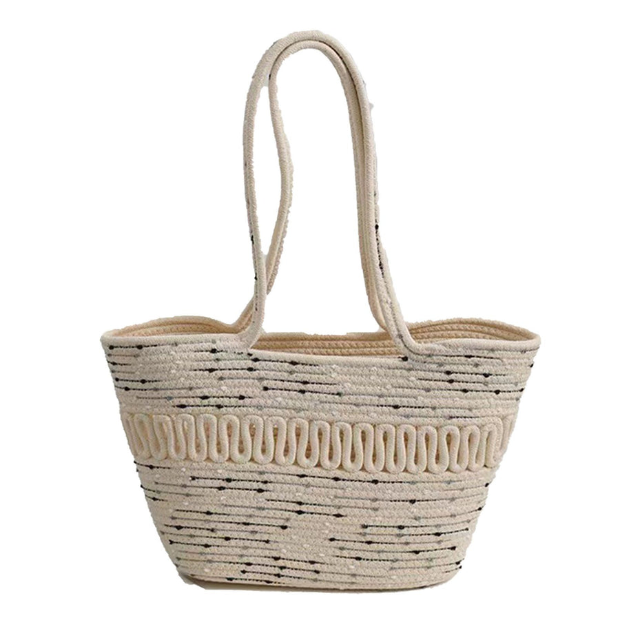 Straw Bag Woven Papyrus Large Capacity Simple Hollow Design Woven Basket Bag for Travel Holiday Black Dots in White