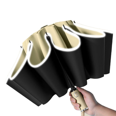 Automatic Reverse Umbrella Large One Key Control with Reflective Strip Folding Umbrella for Sunny Or Rainy Day Light Khaki