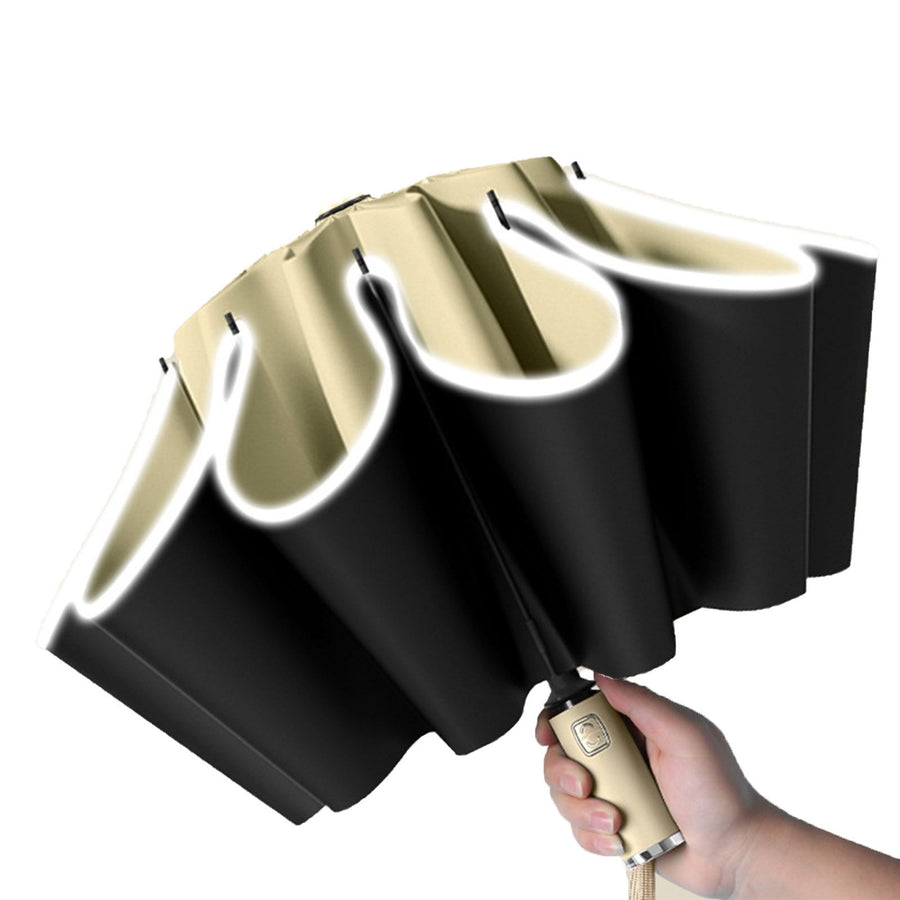 Automatic Reverse Umbrella Large One Key Control with Reflective Strip Folding Umbrella for Sunny Or Rainy Day Light Khaki