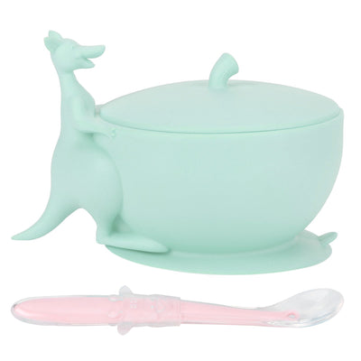 Cute Silicone Baby Feeding Bowl Spoon Set with Suction Base Non-Slip Tableware for InfantLight Green
