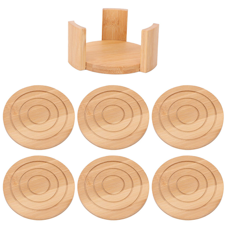 6PCS Bamboo Coaster with Holder Round Cup Mats Pad for Cold Drinks and Hot Beverage Home Supply