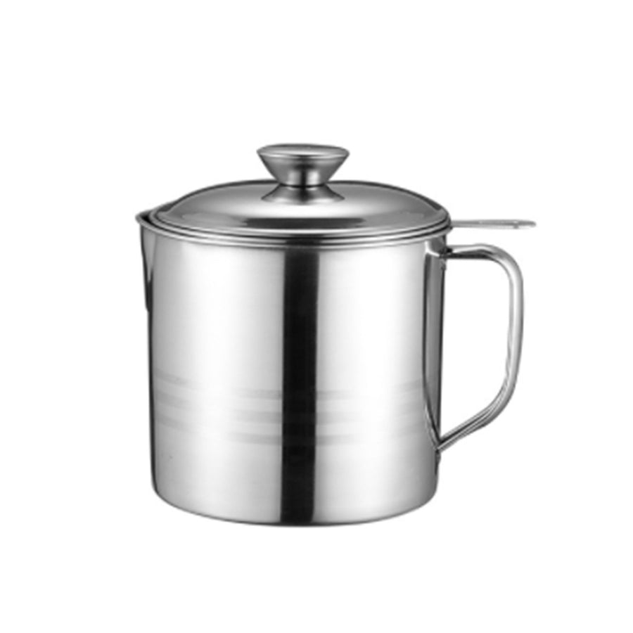 Oil Filter Pot Stainless Steel Food Grade Dust Proof Fine Mesh Grease Strainer Storage Can with Lid for Kitchen1.3L (410) With Plate Cup Handle